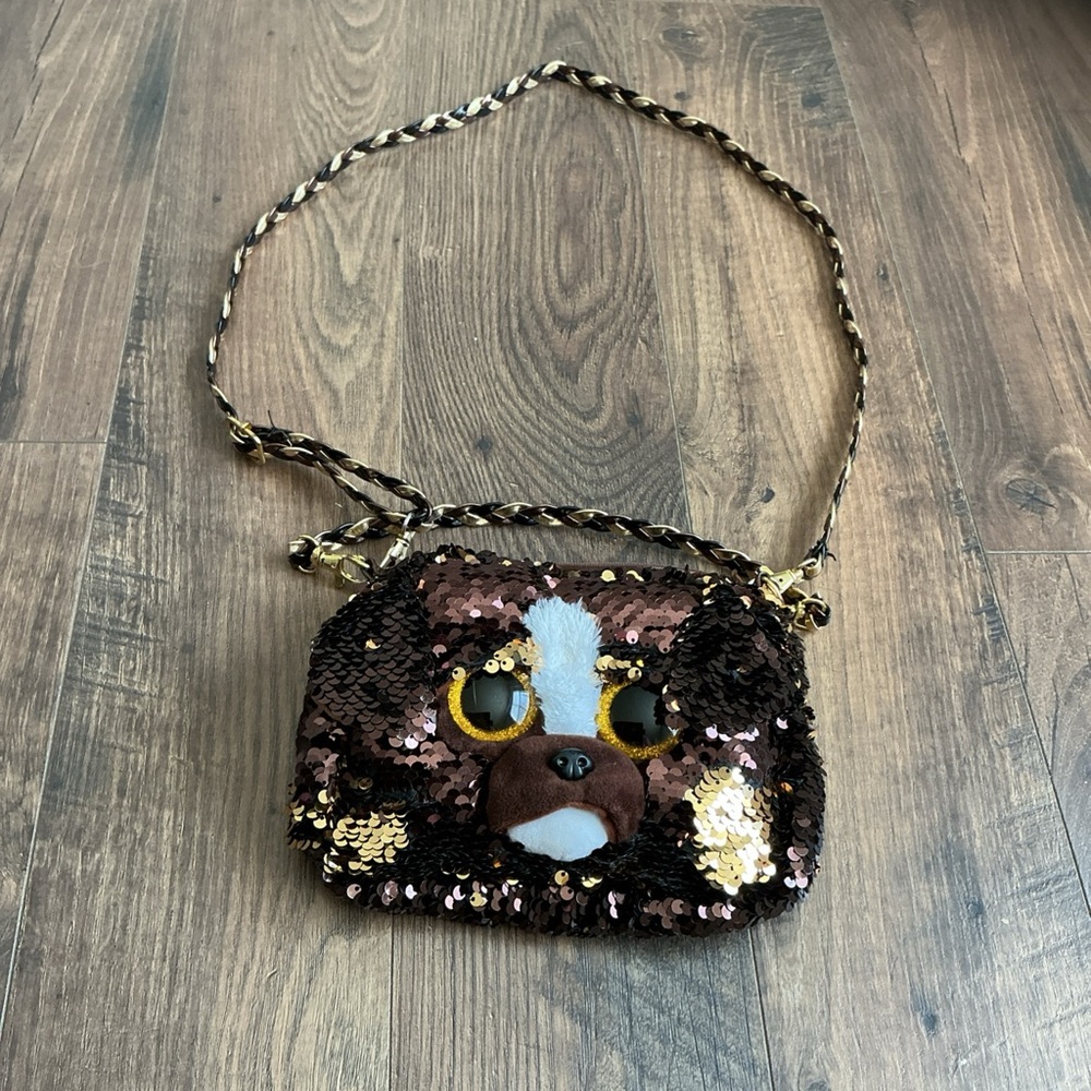 Ty Beanie Boo Brutus Sequin Dog Crossbody Purse Brown Gold Y2K Quirky Playful